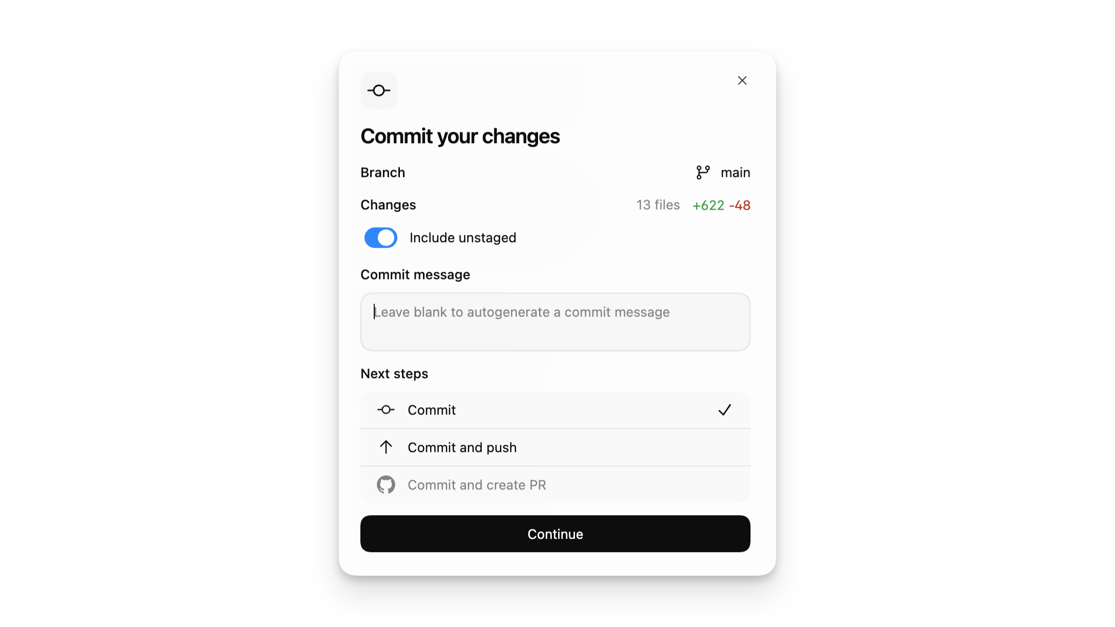 Git diff and commit panel with a commit message field