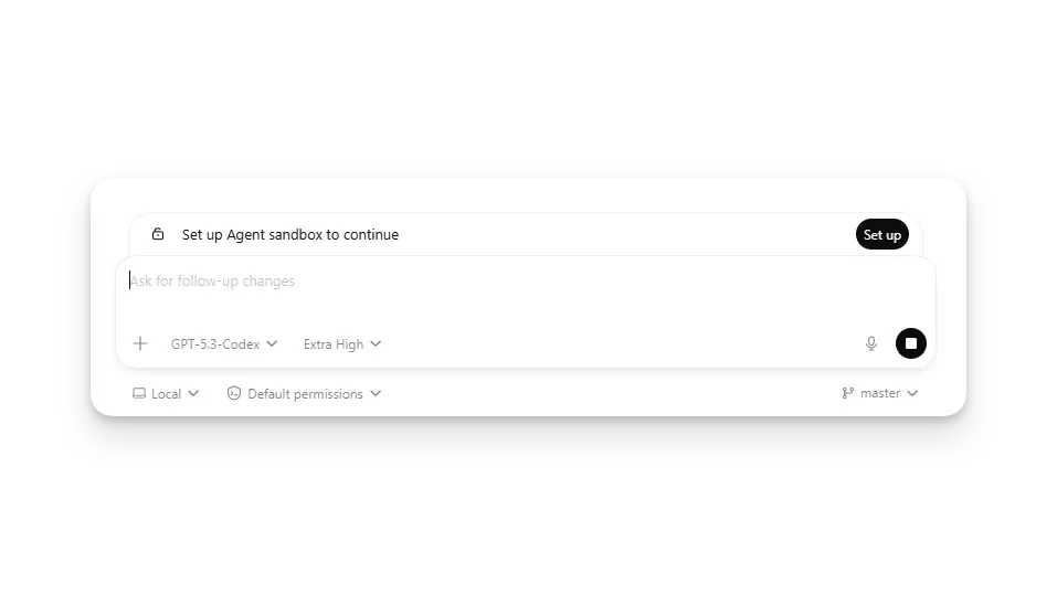 Codex app Windows sandbox setup prompt above the message composer